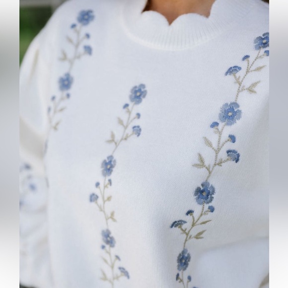 Elegant White Sweater with Blue Floral Design - Picture 2 of 7